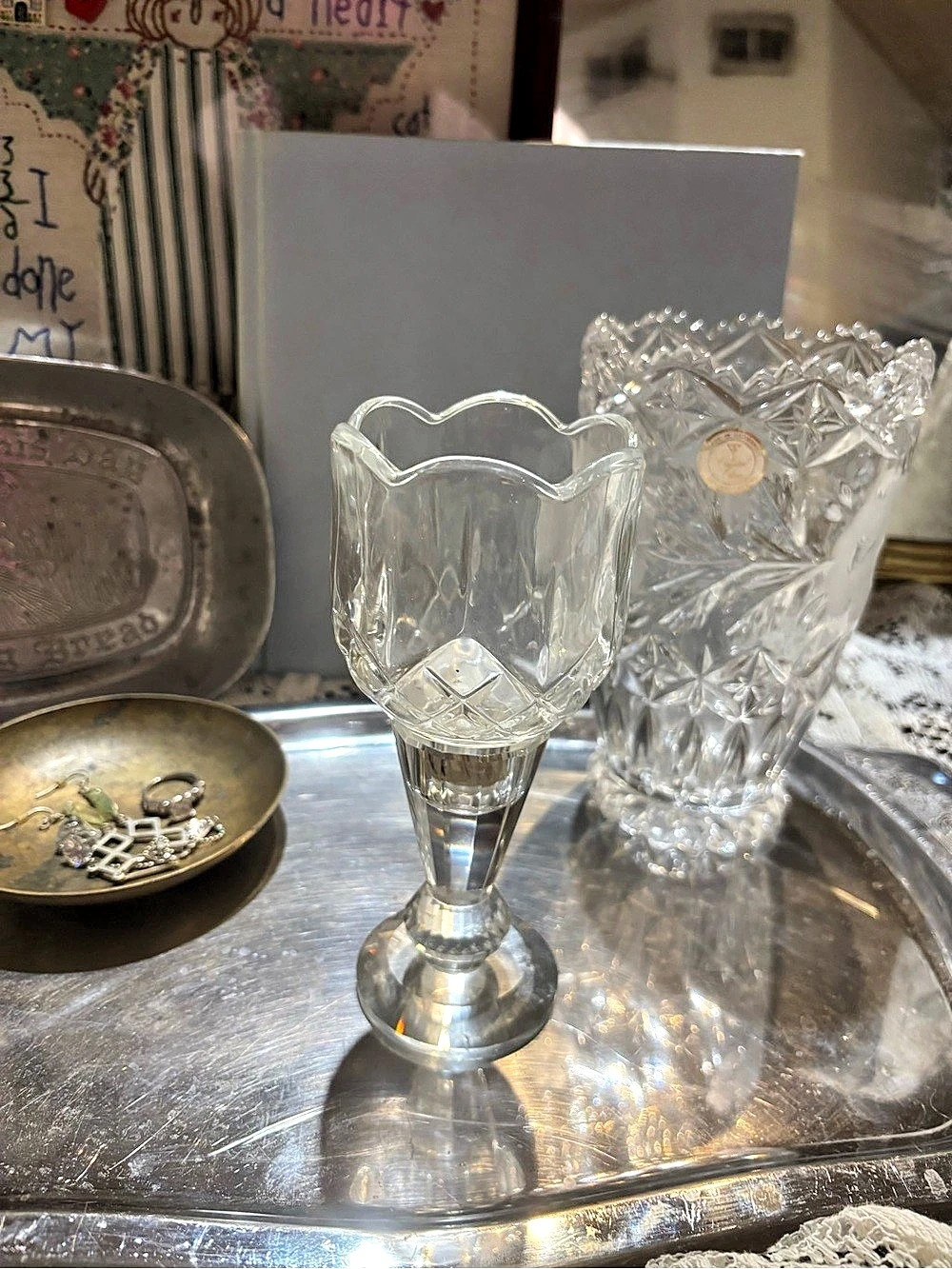 Vintage HOMCO Clear Glass Diamond Cut Scalloped Tulip Peg Votive Cup